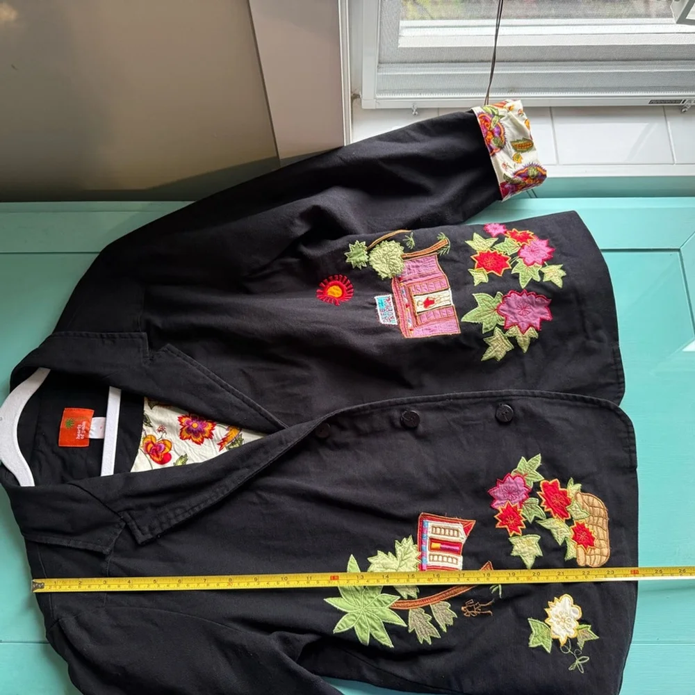 Hearts of Palm Black Tropical Floral Embroidered Cotton Blazer Women’s 16 - Picture 4 of 13
